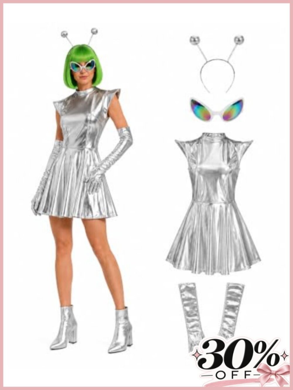 Metallic Silver Alien Costume Dress Set with Gloves Headband Sunglasses Cosplay